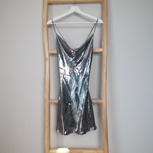 Zara Metallic Silver Cowl Neck Slip Dress - Like New